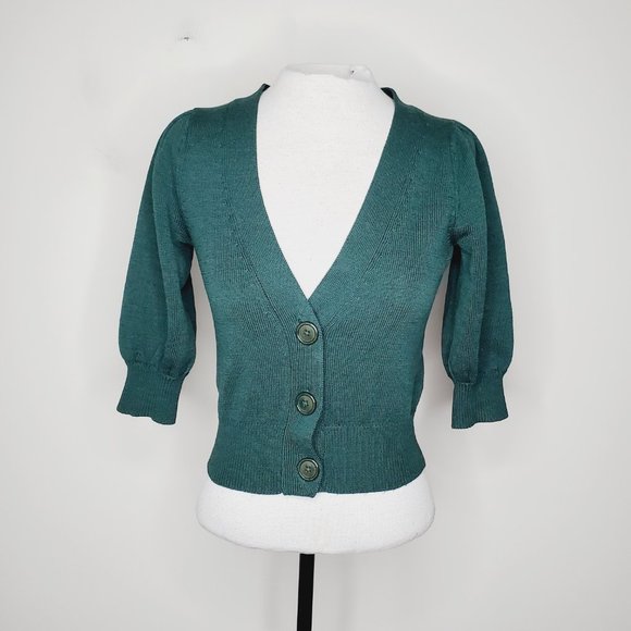 CLUB MONACO 100% Italian Merino Wool Preppy Cropped Puff Sleeve Cardigan - Picture 4 of 12